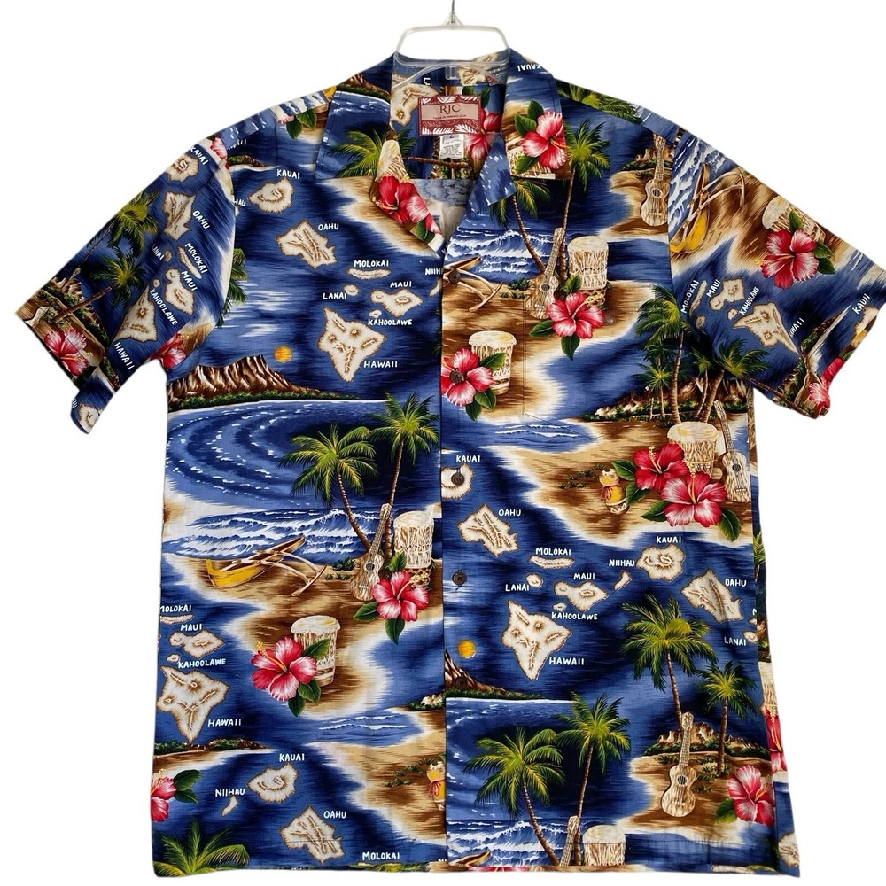 Vintage RJC Hawaiian Shirt Men L Tropical Cotton Short Sleeve Made Hawaii Aloha